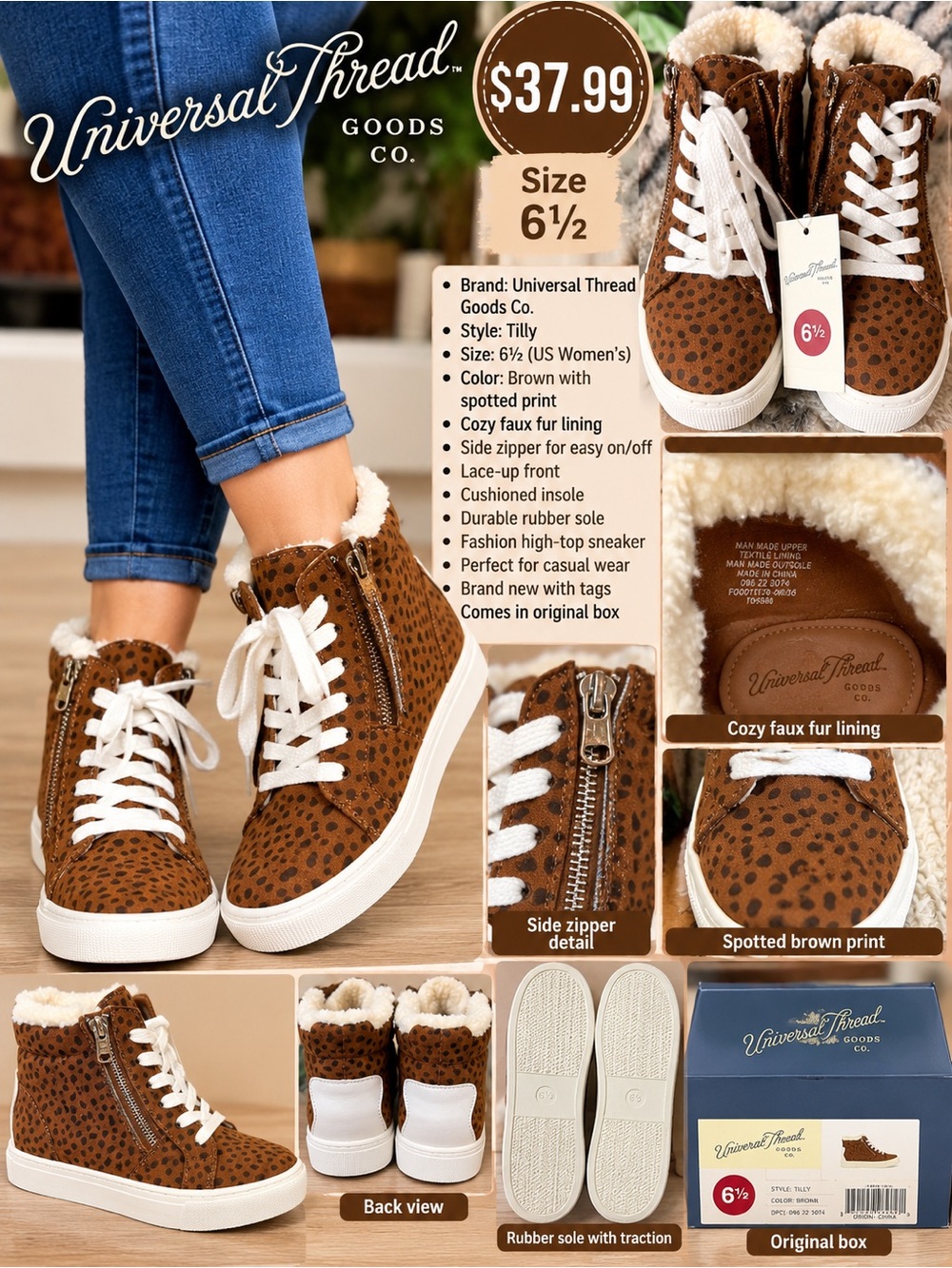 Universal Thread Brown Spotted High-Top Sneakers with White Laces